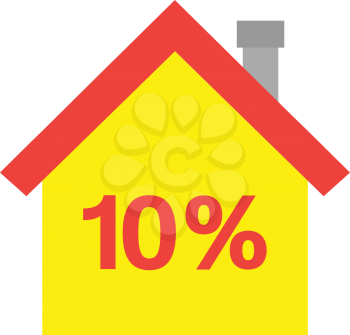 Vector red roofed yellow house icon with red 10 percent.