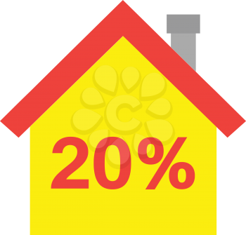 Vector red roofed yellow house icon with red 20 percent.