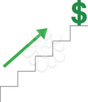 Vector grey stairs with green dollar symbol on top and green arrow moving up.