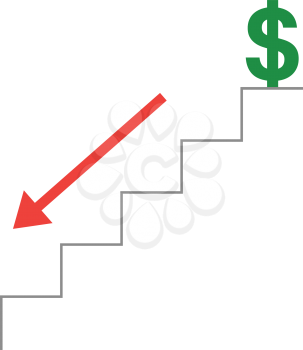 Vector grey stairs with green dollar symbol on top and red arrow moving down.