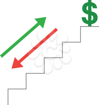 Vector grey stairs with green dollar symbol on top and red and green arrows moving down and up.