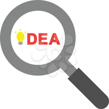 Vector grey magnifier with red idea text and light bulb.