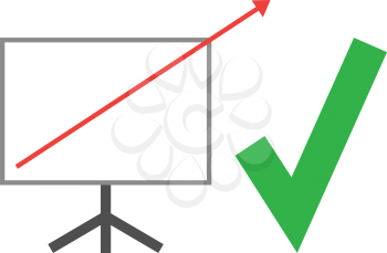 Vector white board with green check mark and red arrow pointing way up.