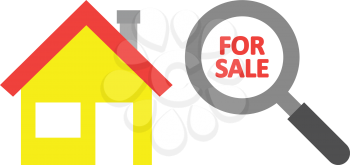 Vector yellow house with red for sale text inside grey and black magnifying glass.