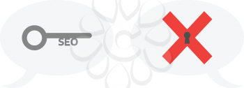 Vector grey seo key and red x mark with keyhole inside speech bubbles.