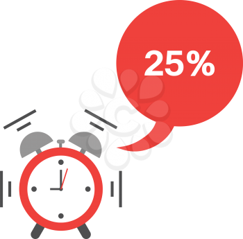 Vector of an alarm clock shaking and ringing with speech bubble and 25 percent.