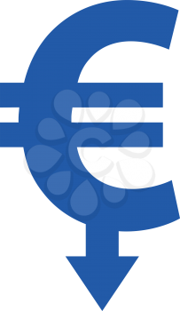 Vector blue euro symbol with arrow moving down.