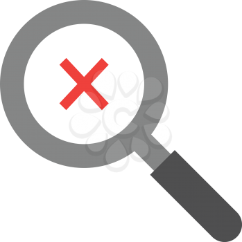 Vector grey magnifier with red x mark symbol.