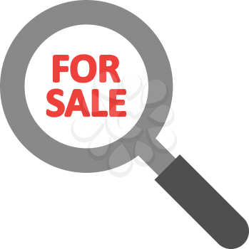 Vector red for sale text inside grey and black magnifying glass.