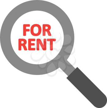 Vector red for rent text inside grey and black magnifying glass.
