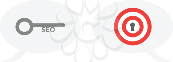 Vector grey seo key and red and white bulls eye with keyhole inside speech bubbles.