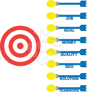 Vector red bullseye and blue darts with lightbulbs with text job, goal, money, quality, seo, solution and teamwork.