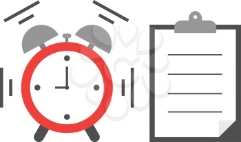 Vector of an alarm clock shaking and ringing with clipboard and lined paper.