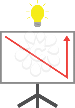 Vector glowing light yellow bulb above presentation chart with red arrow moving down and up.