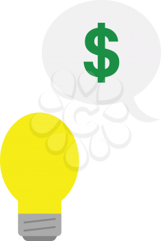 Vector yellow light bulb with grey speech bubble and green dollar symbol.