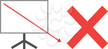 Vector white board with red x mark and red arrow pointing way down.