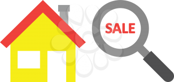 Vector yellow house with red sale text inside grey and black magnifying glass.
