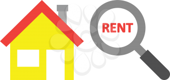 Vector yellow house with red rent text inside grey and black magnifying glass.
