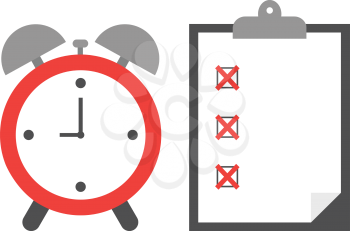 Vector of an alarm clock with clipboard and paper include boxes and red x marks.
