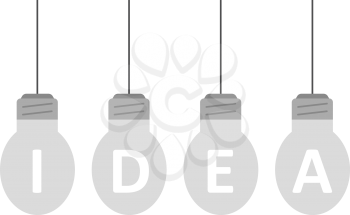 Four hanging grey light bulbs spelling idea.
