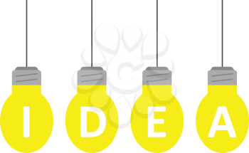 Four vector hanging glowing yellow light bulbs spelling idea.