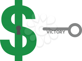 Vector green dollar symbol with keyhole and grey victory key.