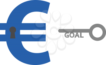 Vector blue euro symbol with keyhole and grey goal key.