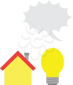 Vector yellow house and glowing light bulb with grey exclamation bubble.