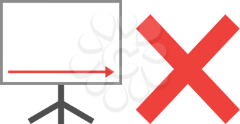 Vector white board with red arrow pointing right down with red x mark.