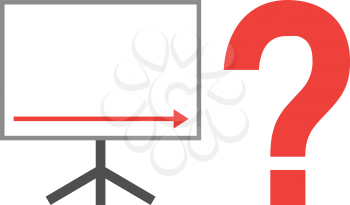 Vector white board with red arrow pointing right down with red question mark.
