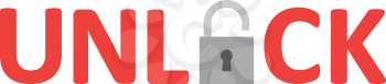 Vector red unlock text with open padlock.