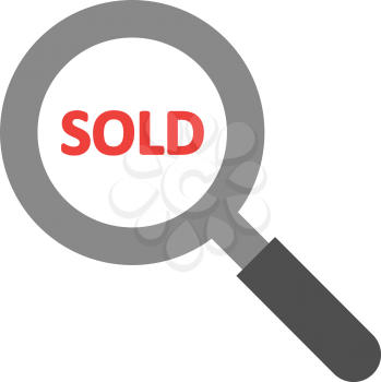 Vector red sold text inside grey and black magnifying glass.