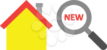 Vector yellow house with red new text inside grey and black magnifying glass.