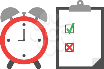Vector of an alarm clock with clipboard and paper include boxes and green check mark and red x mark.