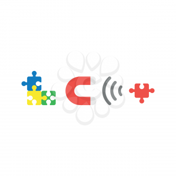Flat design style vector illustration concept of blue, yellow, green puzzle pieces connected and grey and red magnet attracting missing red puzzle piece symbol icon on white background.