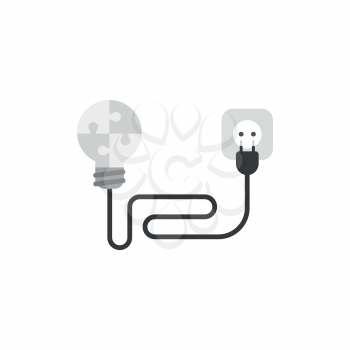 Flat design style vector illustration concept of grey puzzle light bulb symbol icon with black wire or cable, electrical plug and outlet on white background.