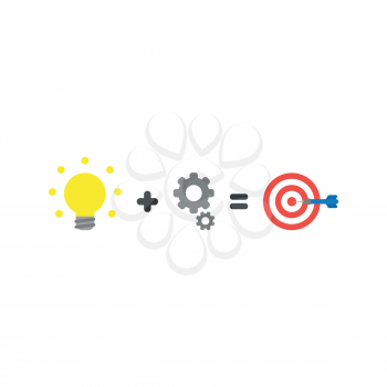 Flat design style vector illustration concept of yellow glowing light bulb plus grey gears equals red and white bulls eye with blue dart symbol icon in the center on white background.