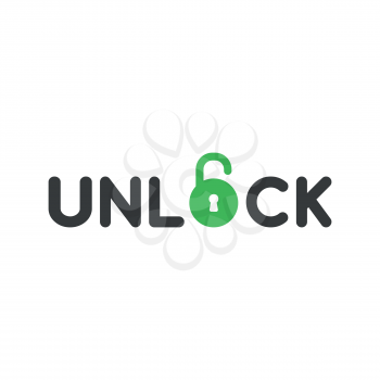Flat design style vector illustration concept of black unlock text with green open padlock symbol icon on white background.