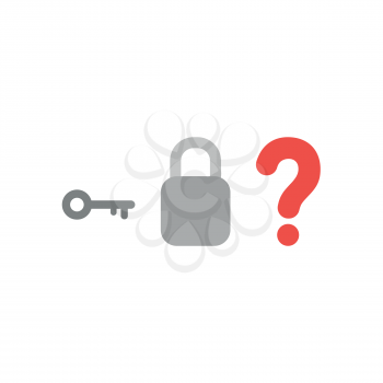 Flat design style vector illustration concept of key with closed padlock without keyhole and question mark symbol icon symbolizes problem on white background.