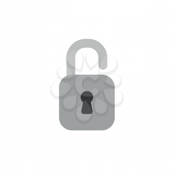 Flat design style vector illustration of open, unlocked grey padlock symbol icon on white background.