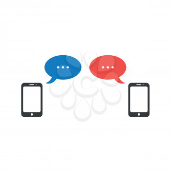 Flat design style vector illustration concept of two smartphones symbol icon with two speech bubbles with three points symbolizing talking on white background.