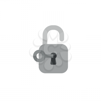 Flat design style vector illustration concept of grey key unlocking grey padlock symbol icon on white background.