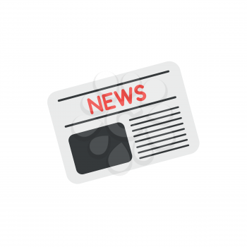 Vector illustration grey newspaper icon front page with red news text and shapes symbolize news picture and writing on white background with flat design style.