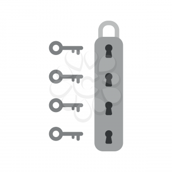 Flat design style vector illustration concept of grey padlock icon with four keyholes and four grey keys on white background.