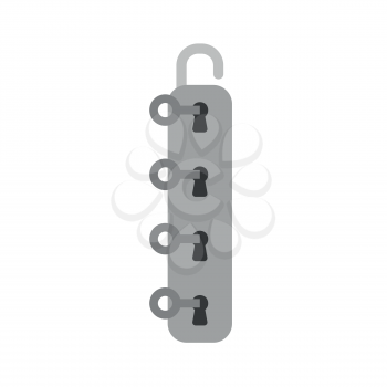 Flat design style vector illustration concept of four grey keys unlock grey padlock icon with four keyholes on white background.