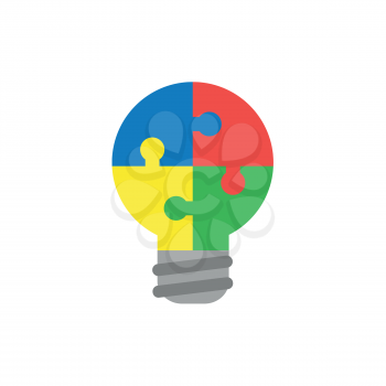 Flat design style vector illustration concept of lightbulb-shaped blue, red, yellow and green jigsaw puzzle pieces symbol icons connected on white background.