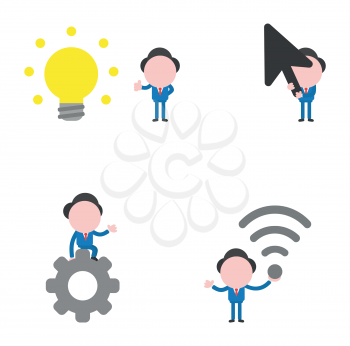 Vector illustration set of businessman mascot character with ight bulb idea, holding mouse cursor arrow, sitting on gear and holding wifi wireless symbol.
