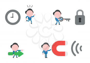 Vector illustration set of businessman mascot character running away from clock, carrying key to padlock, walking and holding arrow and holding magnet.