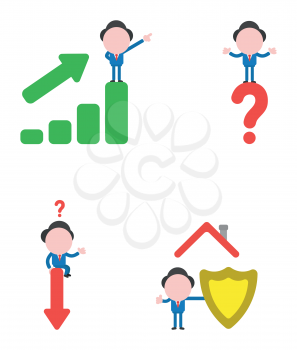 Vector illustration set of businessman mascot character on top of sales bar graph moving up and pointing, on question mark, sitting on arrow moving down, under house roof and holding guard shield.