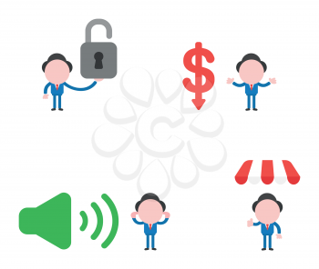 Vector illustration set of businessman mascot character holding open padlock, with dollar arrow moving down, with sound on symbol and close ears and under shop store awning.